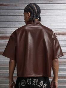 AXEPEAK Men's Fashionable Contrast Color Zip-Up Short Sleeve Shirt, Summer - Coffee Brown - View 3