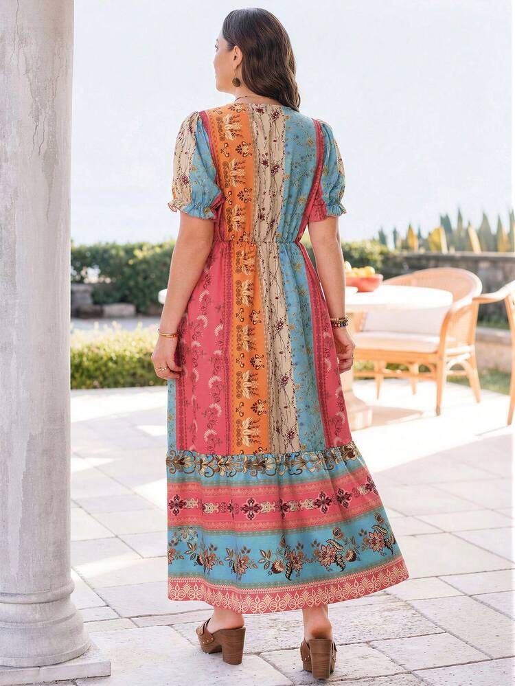 Plus Size Women Deep V-Neck Floral Print Ruched Casual Party Dress