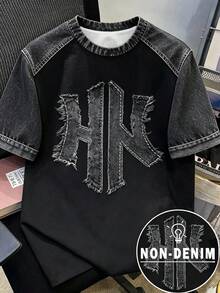 Manfinity Joysei Áo thun tay ngắn dáng suông phối màu tương phản kiểu Mỹ cổ điển với chữ HK in nổi, cổ tròn, phong cách đường phố tối giản, áo mùa hè, áo casual unisex, áo thun in hình cho nam/nữ, áo thun tay ngắn casual mùa hè. - Nhiều màu - Xem 1