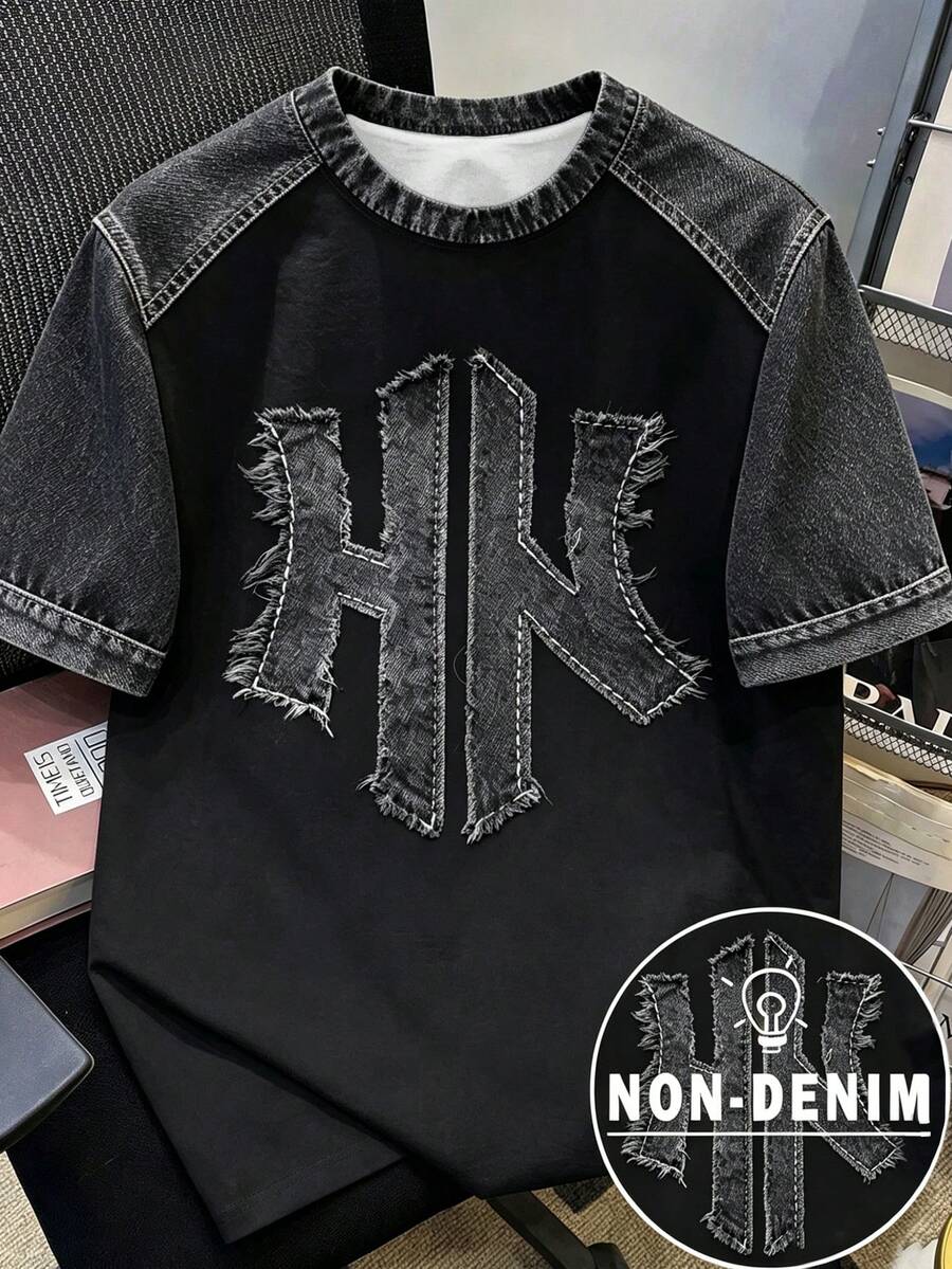 Manfinity Joysei Áo thun tay ngắn dáng suông phối màu tương phản kiểu Mỹ cổ điển với chữ HK in nổi, cổ tròn, phong cách đường phố tối giản, áo mùa hè, áo casual unisex, áo thun in hình cho nam/nữ, áo thun tay ngắn casual mùa hè. - Nhiều màu - Xem 1