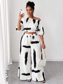 Maweii Plus Size Fashion Asymmetric Collar Printed 2 Pieces Set - Black and White - View 5