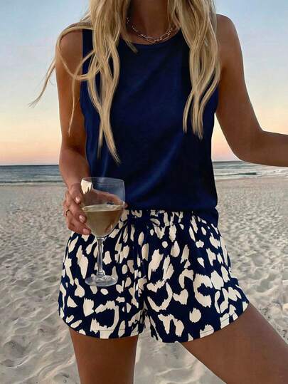 Ellevyn 2pcs/Set Women Leopard Print Tank Top And Shorts Set, Suitable For Vacation And Leisure, Summer