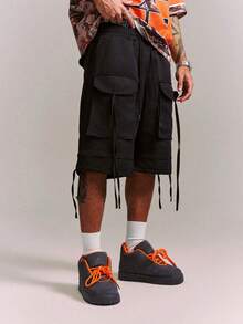 CRAVYNX Loose Fit Men's Cargo Shorts With Flap Pockets And Drawstring Waist - Black - View 6