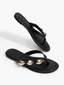 Grefit Ladies Elegant Summer Black PU Face Flat Bottom Angle Slippers - Black - View 4