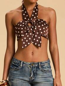 Travachic Polka Dot Print Satin Halter Neck Tie Top - Brown - View 4