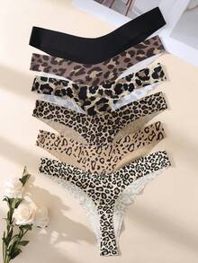 Bare Chapter 6 piezas de tanga de mujer de tiro bajo, cómodo y de moda, en unicolor y estampado de leopardo - Multicolor - Ver 3