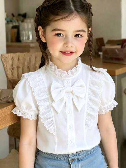 SHEIN Elladie kids Toddler Girls' Summer Casual Shirt, White Lace Collar Design, Bow Decor, Hollow Floral Ruffle Trim, Puff Short Sleeves, Button Front Closure, Loose Fit, Soft Fabric, Vintage Palace Style, Suitable For School, Vacation, Party, Beach, Summer Outfit