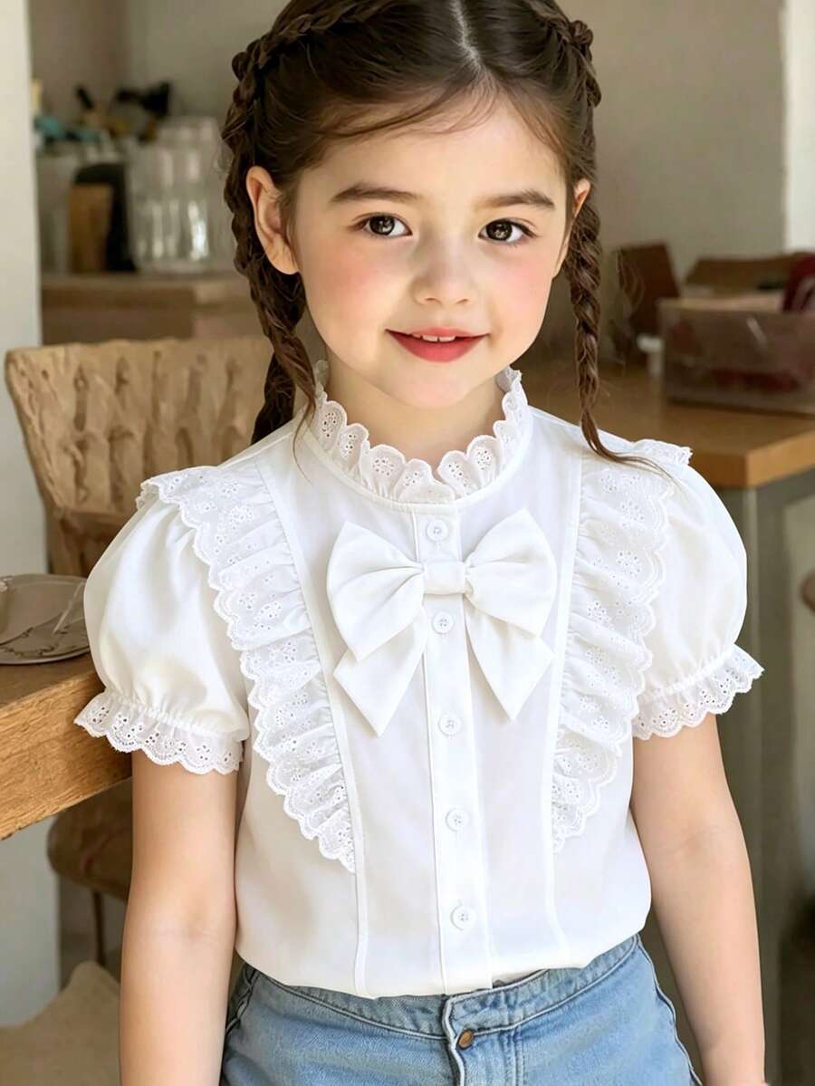 SHEIN Elladie kids 女童白色休閒襯衫,蕾絲領,蝴蝶結裝飾,鏤空花卉荷葉邊飾,泡泡短袖,前開鈕扣,白色上衣,秋季假期款 - 白色 - 查看 1