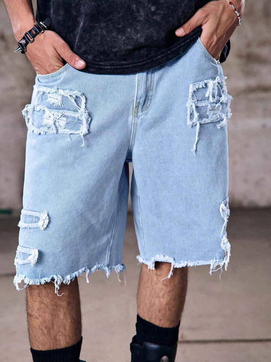 Skyrend Men's Loose Fit Light Blue Ripped Frayed Raw Hem Denim Shorts Y2K Streetwear Jorts - Light Wash - View 1