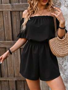 Swim Vcay Women's Summer Beach Solid Color Off Shoulder Ruffle Sleeve Drawstring Waist Casual Romper Jumpsuit - Black - View 3