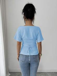 SHEIN Elenzya 女士优雅束腰露背设计T恤，夏季新品 - 淺藍色 - 查看 2