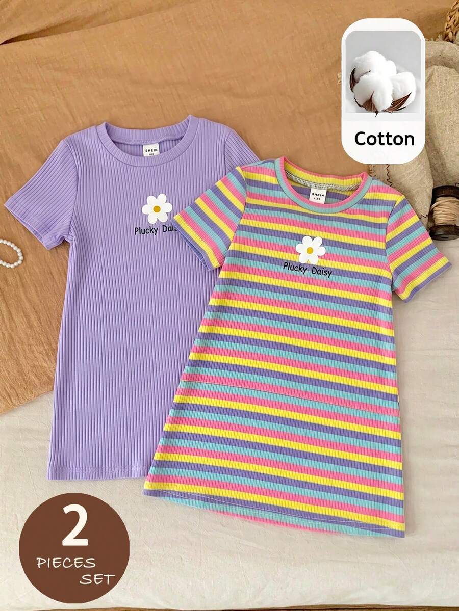SHEIN 2件組女嬰休閒百搭針織條紋圓領短袖洋裝,買1送1,適合外出與其他場合 - 彩色 - 查看 1