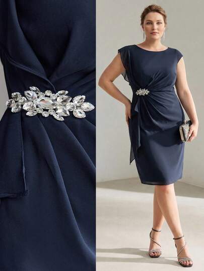 MOTF PREMIUM PLUS SIZE WOMEN ELEGANT EXQUISITE GLAMOROUS RHINESTONE DECOR WAIST CINCHED DRESS
