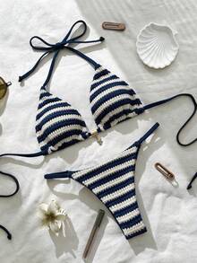 Elavelle Bộ bikini hai mảnh buộc cổ bằng vải jacquard dành cho nữ, trang trí kim loại, thích hợp cho mùa xuân/hè. - Nhiều màu - Xem 2
