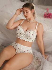 DelicateAllure 2pcs Plus Size Bra Set With Molded Cup, Underwire, Mesh Inset, Ruffle Trim, Bow Decor, Floral Print, Lift & Support - White - View 5