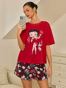 Betty Boop x SHEIN Women's Casual Cartoon Portrait Pattern Round Neck Short Sleeve T-Shirt And Shorts Pajama Set, Summer - Red - View 4