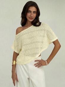 Aloruh Atasan Crop Top Wanita Gaya Liburan Pantai Musim Panas Warna Polos dengan Kain Bertekstur dan Leher Asimetris, Atasan Musim Panas - Krem - View 8