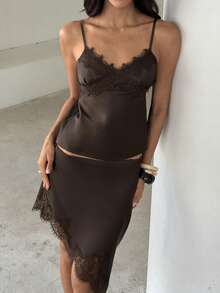 Aloruh Women's Lace Patchwork Camisole Top And Mini Skirt Sexy Casual 2-Piece Set,Elegant Commuting Office Suit,Brown 2pcs,Work Suit - Coffee Brown - View 7