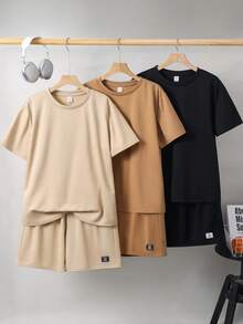 SHEIN 青少年男孩 6件/套 休閒純色字母印花短袖T恤與鬆緊腰短褲 6件基礎套裝，春/夏 - 彩色 - 查看 5