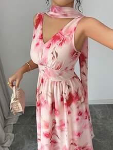 Selianne Women's Summer Elegant Floral Print V-Neck Sleeveless Waist Cinched Chiffon Maxi Dress Weddings Vacation Workplace Romantic Occasions Blush Pink - Apricot - View 6