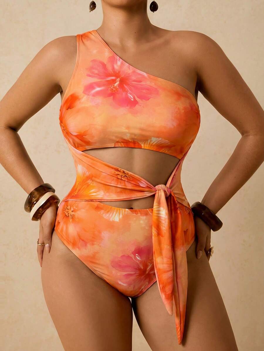 Travachic Maillot de bain une pièce à épaule asymétrique avec imprimé tropical vert, décolleté ajouré et nœud devant, grande taille. Tenue de vacances