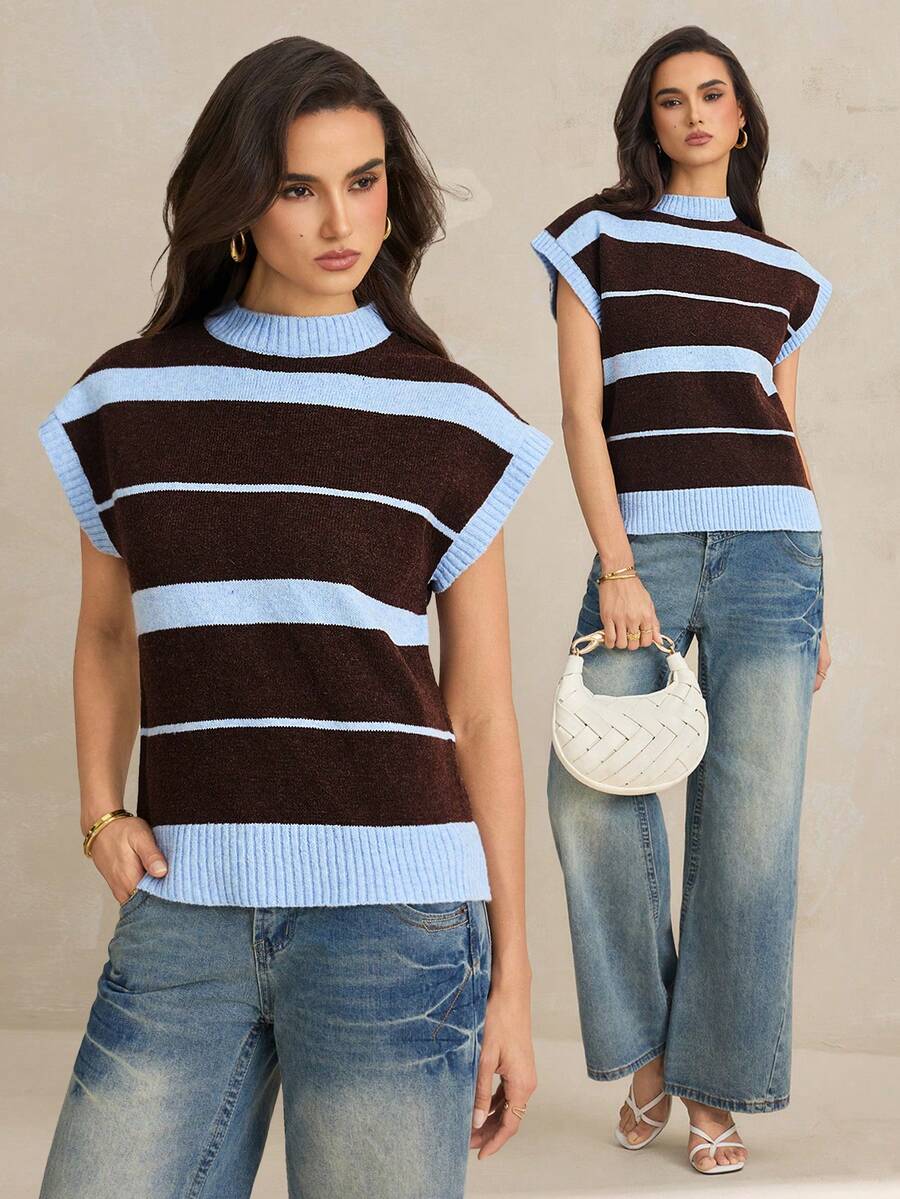 SHEIN Tall Áo thun nữ kẻ sọc dáng rộng, tay ngắn, cổ tròn, kiểu dáng thường ngày, thích hợp cho mùa hè. - Màu xanh lam - Xem 1