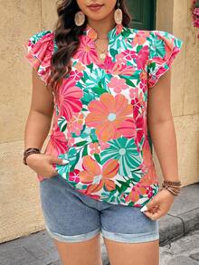 Breezaya Blusa con cuello en V, mangas con volantes y estampado floral para mujer talla grande - Multicolor - Ver 3