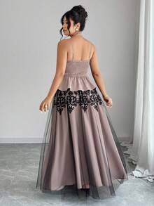 Elenzga Plus Size Women's Spring/Summer 2-Piece Pleated Waist A-Line Totem Print Mesh Party Dress, Elegant & Sophisticated - Khaki - View 2