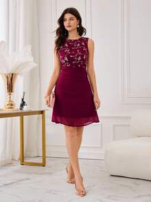 Modelyn Đầm chữ A không tay màu đỏ kiểu Pháp dành cho nữ, thêu họa tiết và thắt eo. - Đỏ - Xem 6