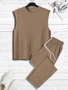 Manfinity Homme Conjunto casual de 2 piezas para hombre con camiseta de tirantes de cuello redondo de unicolor y pantalones, para vacaciones - Marrón - Ver 8