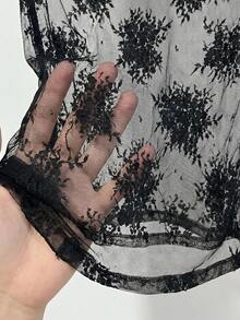 SHEIN Franclia 女士黑色蕾丝性感透视V领无袖上衣 - 黑色 - 查看 7