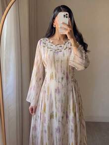 Yasmyna Đầm dài tay dáng chữ A, thanh lịch, lãng mạn kiểu Ả Rập, họa tiết in kỹ thuật số, phối ren tan trong nước, kiểu dáng mùa xuân/hè dành cho nữ. - Nhiều màu - Xem 9