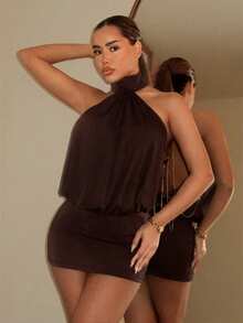 SHEIN ICON High Neck Backless Ruched Bodycon Mini Dress,Dresses For Women Summer - Coffee Brown - View 6