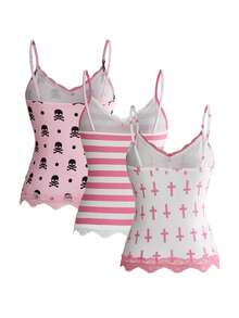ROMWE Y2K Retro Music Note & Piano Keyboard Print Tight Lace Trim Camisole 3 Pieces Set - Pink - View 2