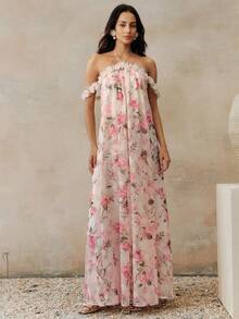 Anewsta Women's Elegant Spring/Summer Resort Dress, Flowy Off-Shoulder Lace Floral Patchwork Print Maxi Dress - Multicolor - View 7