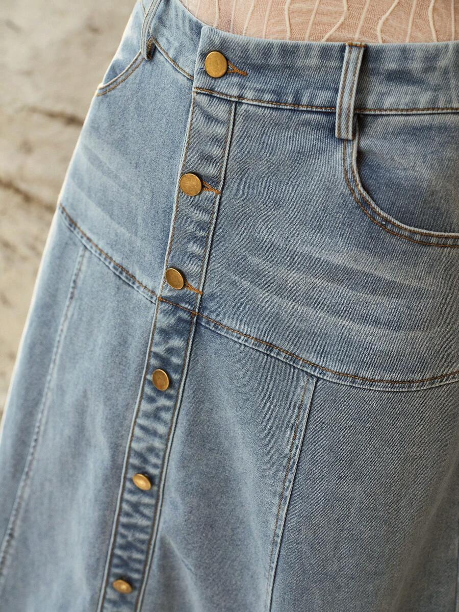 MOTF PREMIUM CHÂN VÁY DENIM DÀI, THỜI TRANG CHO MẶC HÀNG NGÀY TRONG THÀNH PHỐ, XUÂN/HÈ - Rửa trung bình - Xem 2