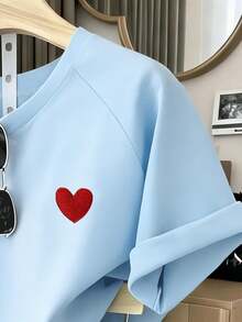1 Set Tween Girls Casual Comfortable Fashion Minimalist Cute Heart Pattern Raglan Sleeve Top And Shorts Set, Suitable For Summer Outfits - Blue - View 3