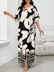 SHEIN Lady 女士碎花V领开衩休闲短袖连衣裙 - 黑與白 - 查看 6