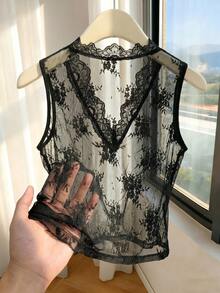 SHEIN Franclia 女士黑色蕾丝性感透视V领无袖上衣 - 黑色 - 查看 2