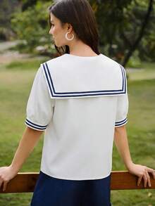 Vintamour 海軍風復古優雅女款蝴蝶結休閒度假上衣 春夏女款上衣 夏季女裝 女款夏季套裝 女款度假穿搭 女款外出上衣 女款優雅女款襯衫 休閒女款襯衫 度假女裝 夏季度假女裝 鄉村音樂會穿搭 鄉村風女款 女款鄉村服飾 女款鄉村造型 白色上衣 - 白色 - 查看 7