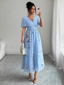 Balvessa Women's Elegant Floral Print V-Neck Short Sleeve Dress, Suitable For Summer Vacation - Baby Blue - View 3