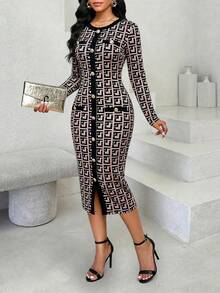 SHEIN Lady 女士几何印花纽扣设计长袖修身优雅连衣裙 - 棕色 - 查看 1