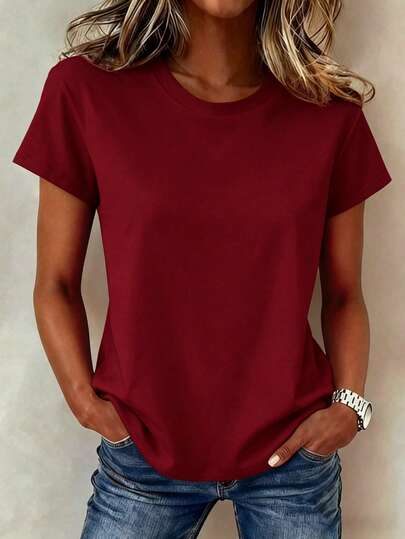 Selamara Women's Solid Color Round Neck Casual Versatile Daily Wear Short Sleeve T-Shirt