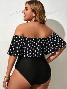 Swim Lushoire Plus Size Women Summer Beach Polka Dot Off-Shoulder Top And Triangle Bikini Swimwear Set - Black and White - View 2