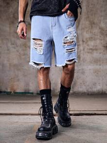 Skyrend 男士寬鬆棉質梯形破洞牛仔短褲 Jorts 工作休閒都市度假街頭風 - 淺色水洗藍 - 查看 1