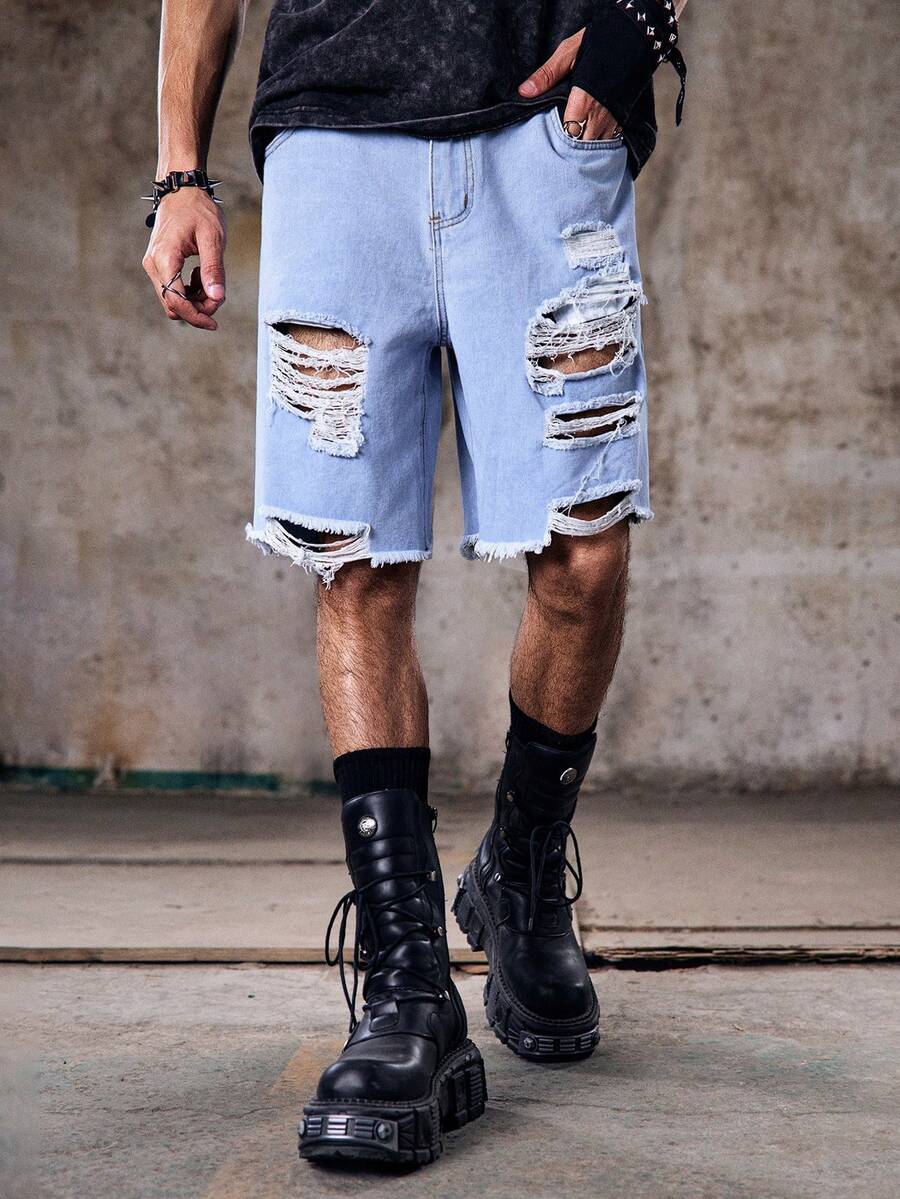 Skyrend 男士寬鬆棉質梯形破洞牛仔短褲 Jorts 工作休閒都市度假街頭風 - 淺色水洗藍 - 查看 1