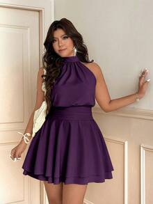 Vionelle Gaun Ungu Elegan Wanita Ukuran Plus dengan Lipit, Leher Halter, Tanpa Lengan, Tali Pengikat, Lapisan Ganda, dan Ruffle di Pinggang - Purple - View 1