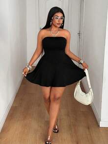 Maweii Plus Size Women's Summer Solid Color Strapless Waist A-Line Mini Dress With Lining, Suitable For Graduation, Party, Cosplay - Black - View 4