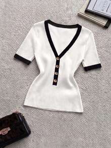 Airaco Women's Casual Everyday Commute Contrast Trim Short Sleeve Ribbed Knit T-Shirt, Summer - White - View 1