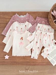 Cozy Pixies Bộ đồ ngủ 3 món cho bé sơ sinh, áo dài tay và quần, họa tiết dễ thương như yêu tinh, quả anh đào, phong cảnh đồng quê, phong cách Bắc Âu, đồ mặc nhà thoải mái, phù hợp cho mùa xuân, mùa hè và mọi mùa. - Hồng - Xem 4